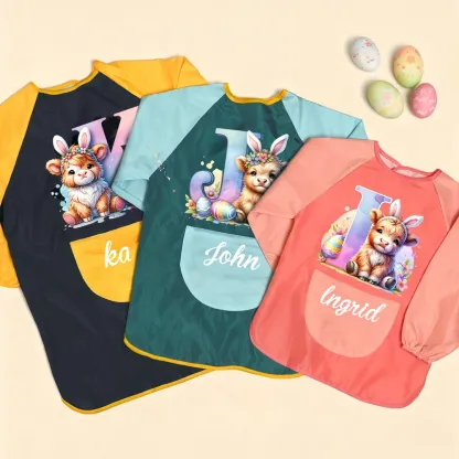 Personalized Bunny Ears Highland Cow Kid Painting Baking Apron with Name and Front Pocket Outdoor Activities Easter Gift for Kids