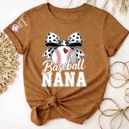 Proud Baseball Nana T Shirt, Personalized Kids Names Sports Shirt with Bow Graphic
