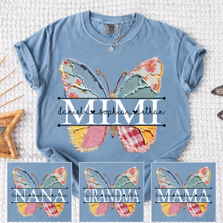 Comfort Colors Custom Mimi T Shirt, Floral Butterfly Design with Grandkids Names, Personalized Family Tee