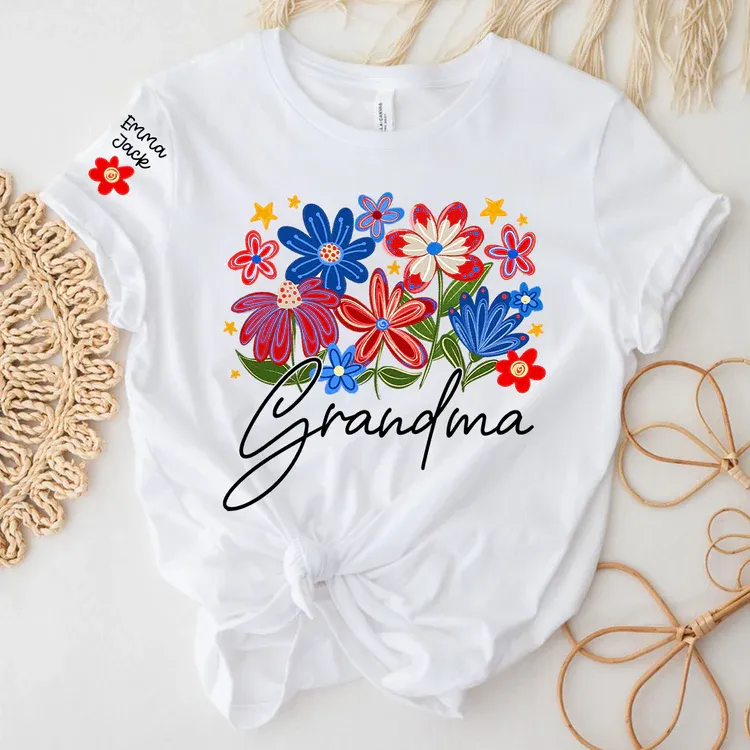 Grandma T-shirt With Heart And Flower Print, Custom Pinted Family Names