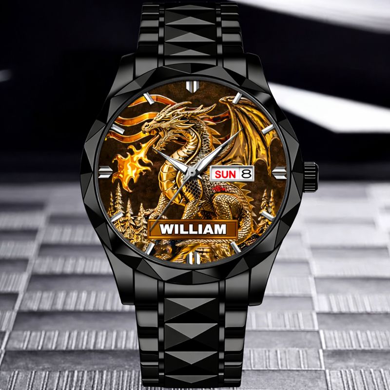 Custom Golden Flame Dragon Watch - Personalized Name - Gift For Dragon Lovers