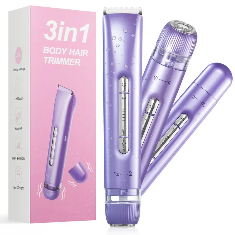 Women's Electric Bikini Trimmer, Rechargeable Stainless Steel Shaver with Massage Function, IPX7 Waterproof, Painless Hair Removal, Suitable for Face, Underarms and Legs