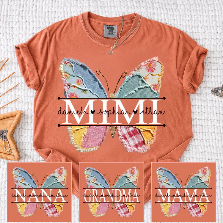 Comfort Colors Custom Mimi T Shirt, Floral Butterfly Design with Grandkids Names, Personalized Family Tee
