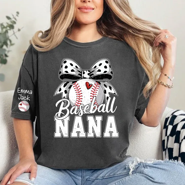Proud Baseball Nana T Shirt, Personalized Kids Names Sports Shirt with Bow Graphic