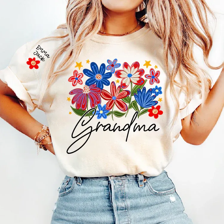 Grandma T-shirt With Heart And Flower Print, Custom Pinted Family Names