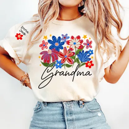 Grandma T-shirt With Heart And Flower Print, Custom Pinted Family Names