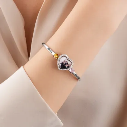 Personalized Birthstone Zircon Heart-Shaped Photo Cuff Bracelet with Names Dainty Jewelry Birthday Valentine's Day Anniversary Gift for Couple