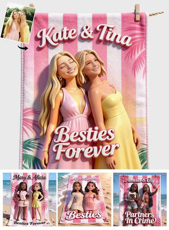 Custom Any Photo - Besties Forever - Personalized Bestie Quick-dry Beach Towel/ Bath Towel