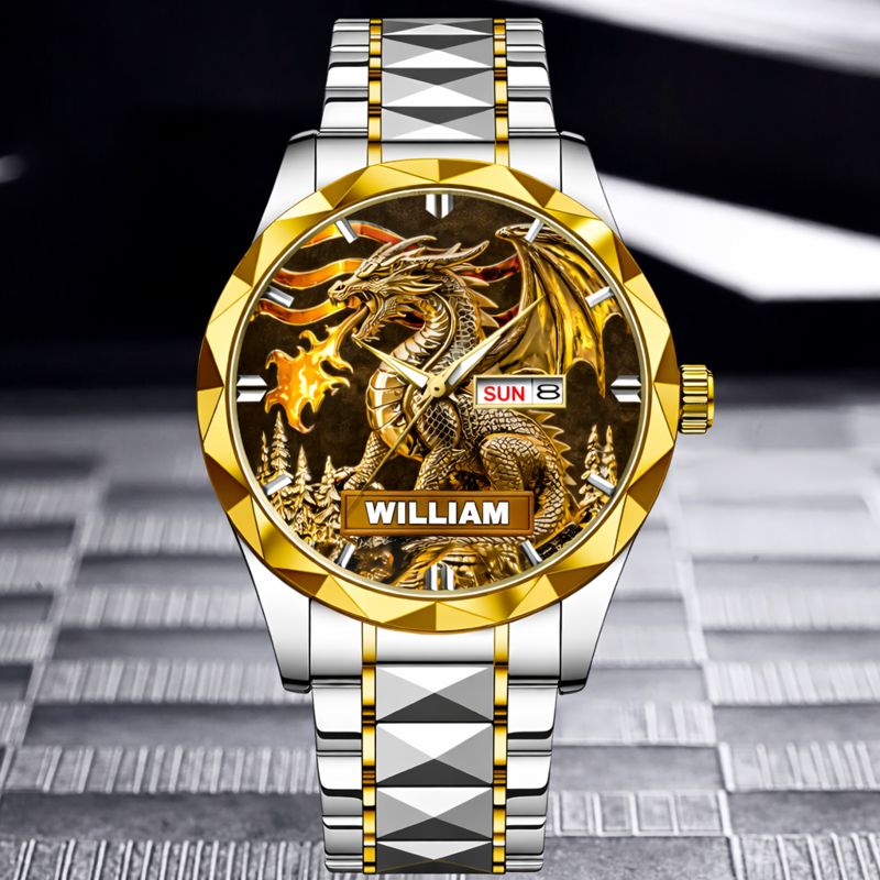 Custom Golden Flame Dragon Watch - Personalized Name - Gift For Dragon Lovers