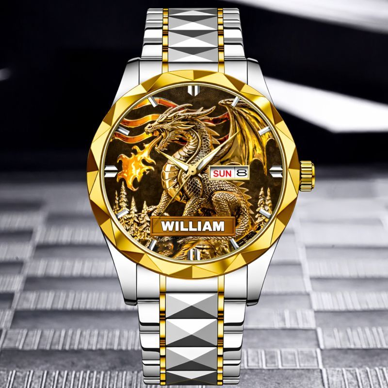 Custom Golden Flame Dragon Watch - Personalized Name - Gift For Dragon Lovers