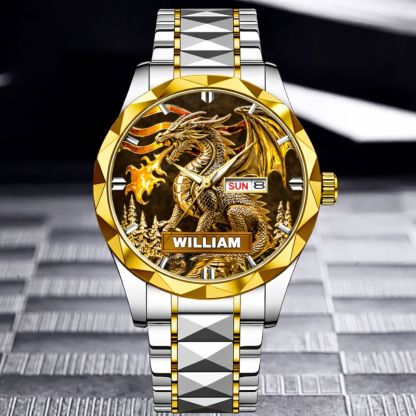 Custom Golden Flame Dragon Watch - Personalized Name - Gift For Dragon Lovers