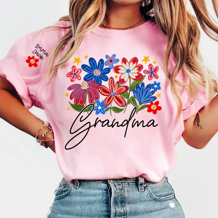 Grandma T-shirt With Heart And Flower Print, Custom Pinted Family Names