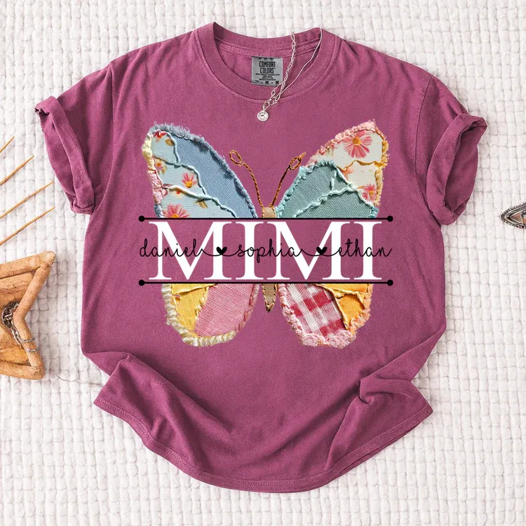 Comfort Colors Custom Mimi T Shirt, Floral Butterfly Design with Grandkids Names, Personalized Family Tee