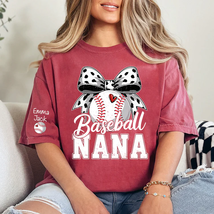 Proud Baseball Nana T Shirt, Personalized Kids Names Sports Shirt with Bow Graphic