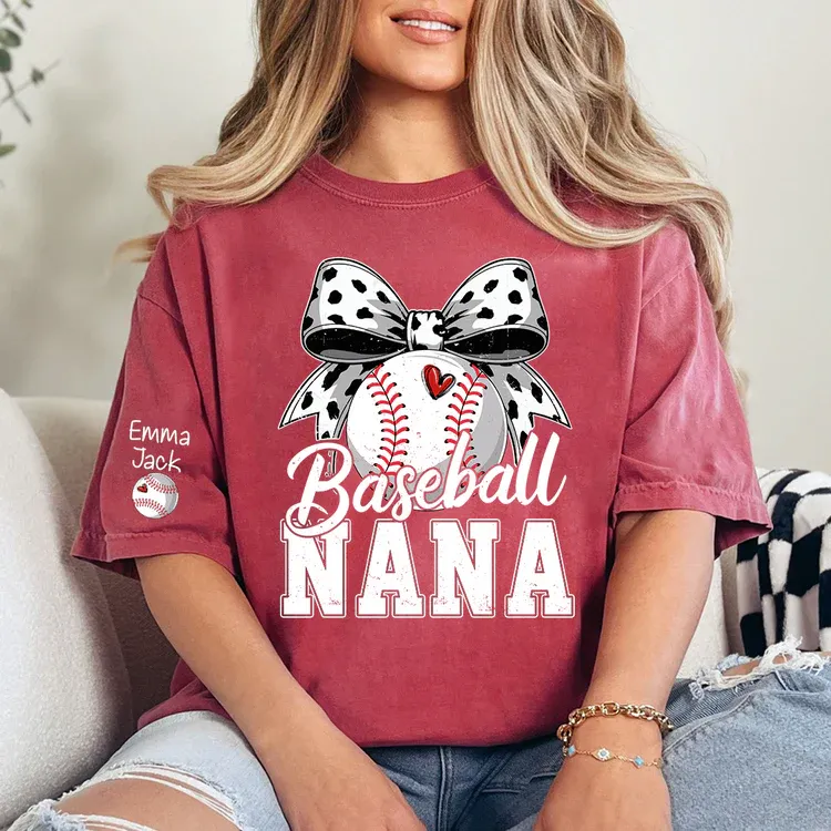 Proud Baseball Nana T Shirt, Personalized Kids Names Sports Shirt with Bow Graphic