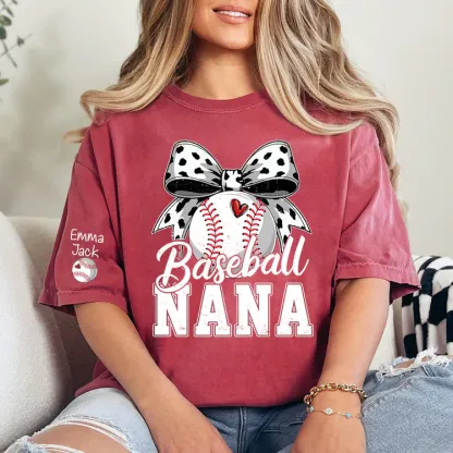 Proud Baseball Nana T Shirt, Personalized Kids Names Sports Shirt with Bow Graphic