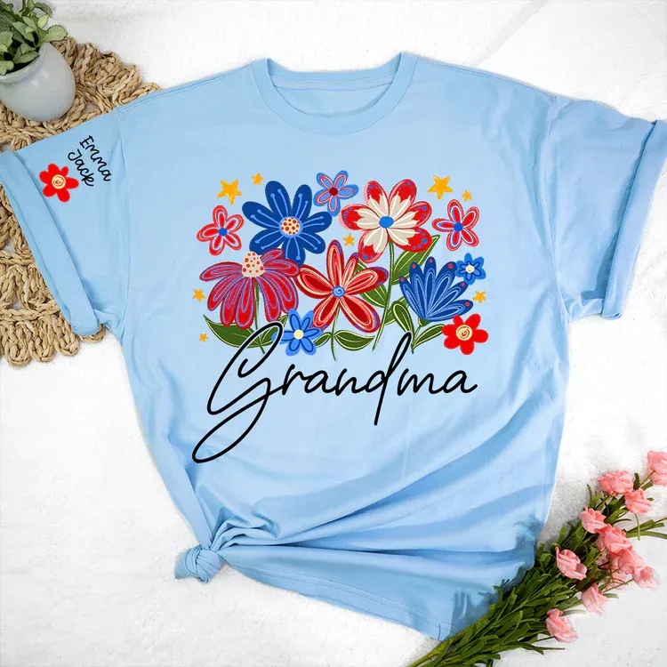 Grandma T-shirt With Heart And Flower Print, Custom Pinted Family Names