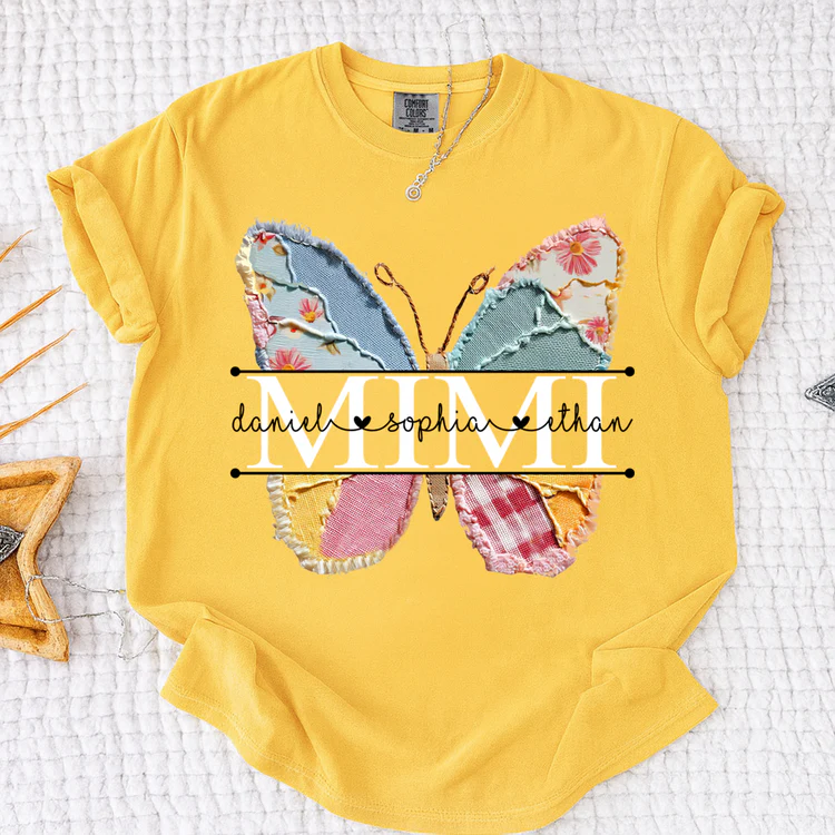 Comfort Colors Custom Mimi T Shirt, Floral Butterfly Design with Grandkids Names, Personalized Family Tee