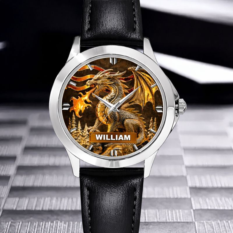 Custom Golden Flame Dragon Watch - Personalized Name - Gift For Dragon Lovers