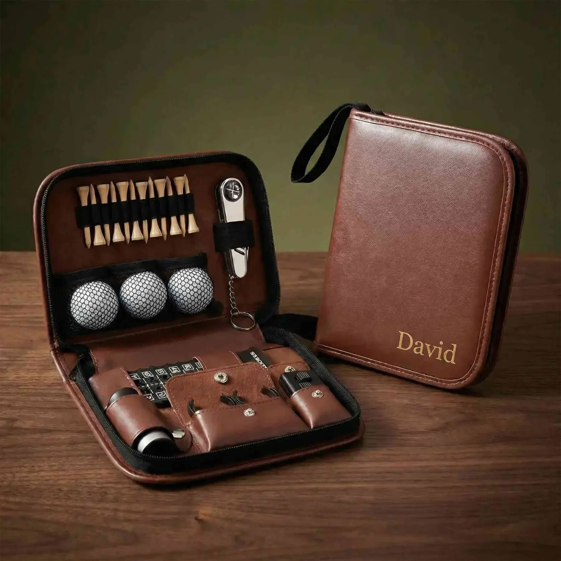Personalized Leather Golf Accessories Case, Custom Name Golf Gift for Men, Dad, Husband & Golfers, Portable All-in-One Golf Organizer Travel Kit