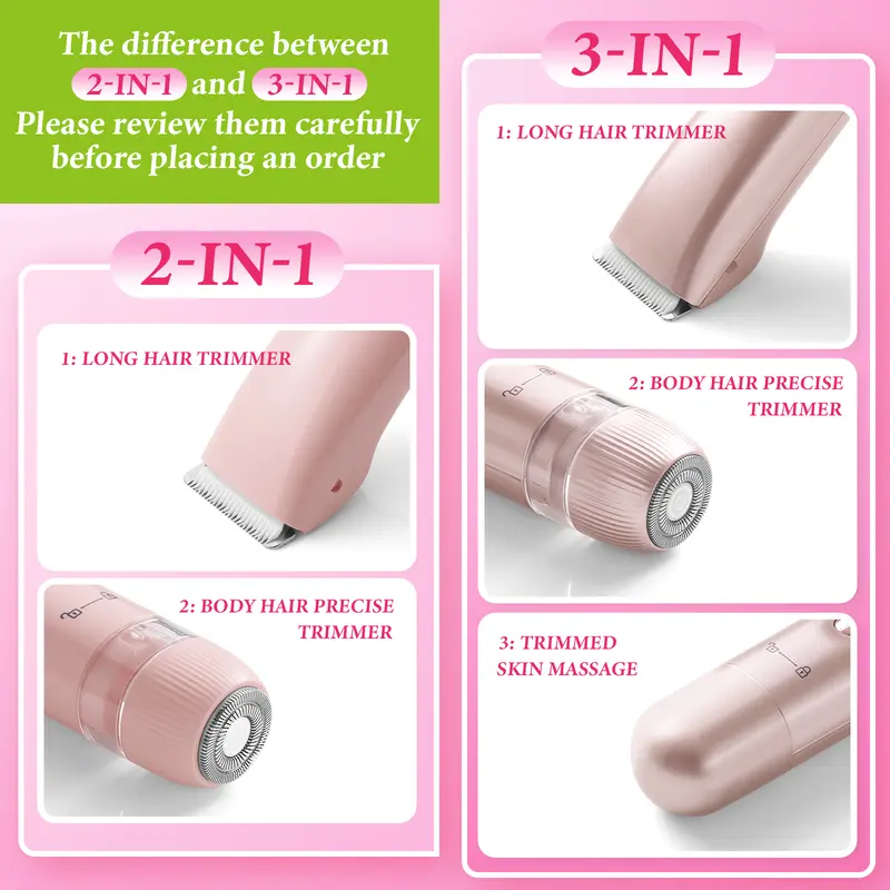 Women's Electric Bikini Trimmer, Rechargeable Stainless Steel Shaver with Massage Function, IPX7 Waterproof, Painless Hair Removal, Suitable for Face, Underarms and Legs