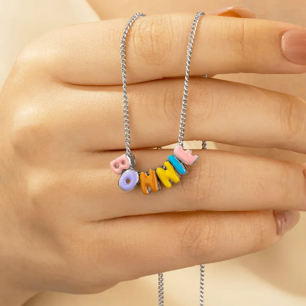 Personalized Colorful 3D Enamel Bubble Letter Name Necklace Minimalist Jewelry Birthday Gift for Friends Family