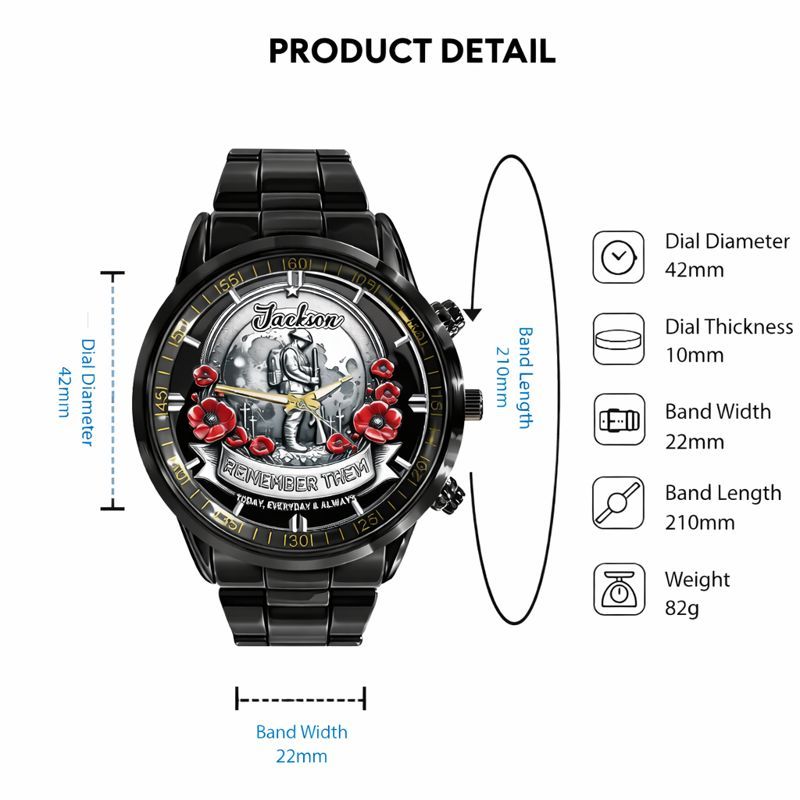 Remember Them Poppy Soldier Customized Watch - Personalized Name - Gift For Veterans, Soldiers