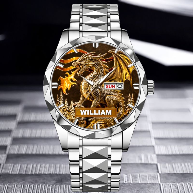 Custom Golden Flame Dragon Watch - Personalized Name - Gift For Dragon Lovers