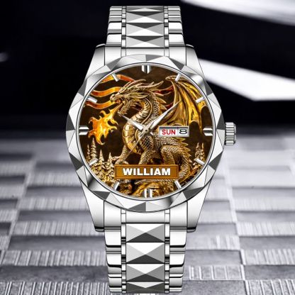 Custom Golden Flame Dragon Watch - Personalized Name - Gift For Dragon Lovers