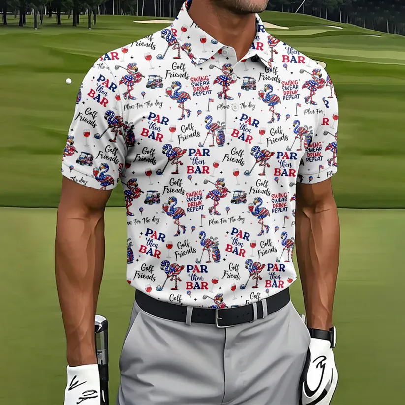 Par Then Bar Funny Flamingo Patriot Golf Shirt, 250th Anniversary Golf Shirts For Men, 4th Of July Golf Shirt