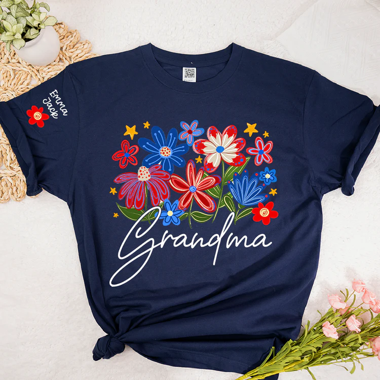 Grandma T-shirt With Heart And Flower Print, Custom Pinted Family Names