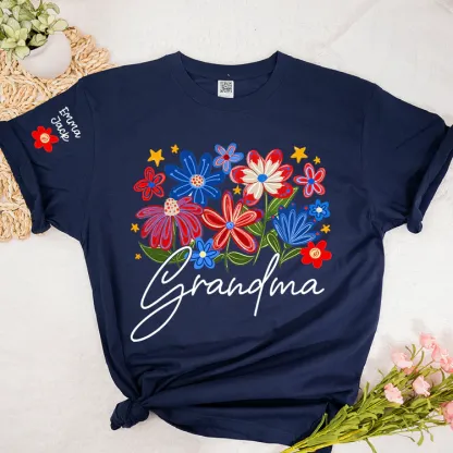 Grandma T-shirt With Heart And Flower Print, Custom Pinted Family Names
