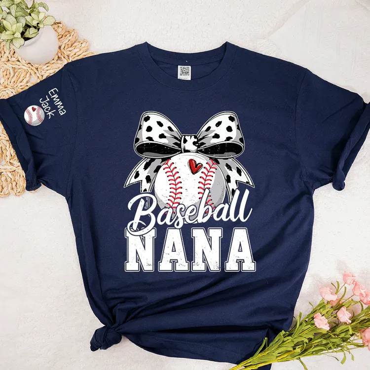 Proud Baseball Nana T Shirt, Personalized Kids Names Sports Shirt with Bow Graphic