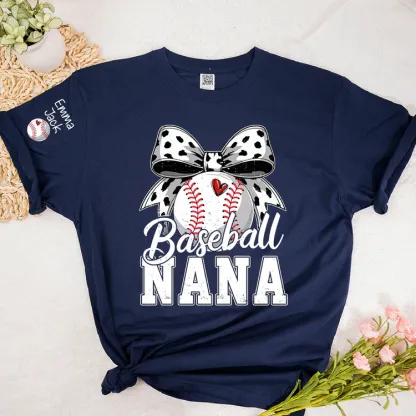 Proud Baseball Nana T Shirt, Personalized Kids Names Sports Shirt with Bow Graphic