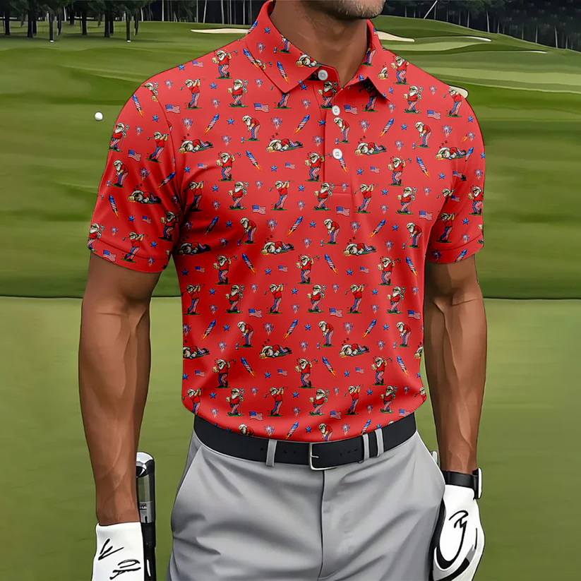 4th Of July Funny Man Golf And Beer Red Golf Shirt, Patriotic Golf Shirt, 250th Anniversary Golf Shirts For Men