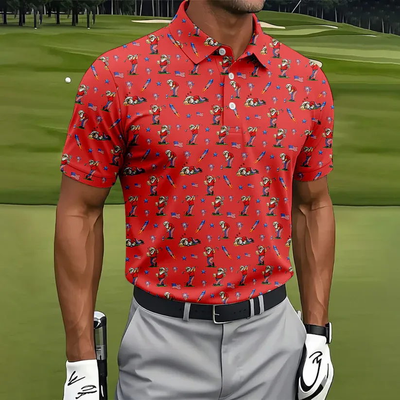 4th Of July Funny Man Golf And Beer Red Golf Shirt, Patriotic Golf Shirt, 250th Anniversary Golf Shirts For Men