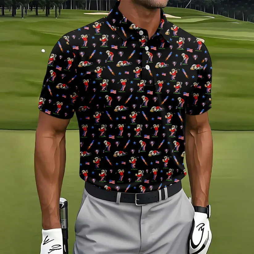 4th Of July Funny Man Golf And Beer Black Golf Shirt, Patriotic Golf Shirt, 250th Anniversary Golf Shirts For Men