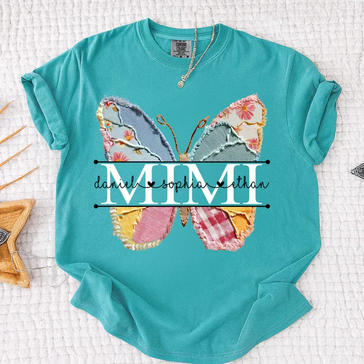 Comfort Colors Custom Mimi T Shirt, Floral Butterfly Design with Grandkids Names, Personalized Family Tee