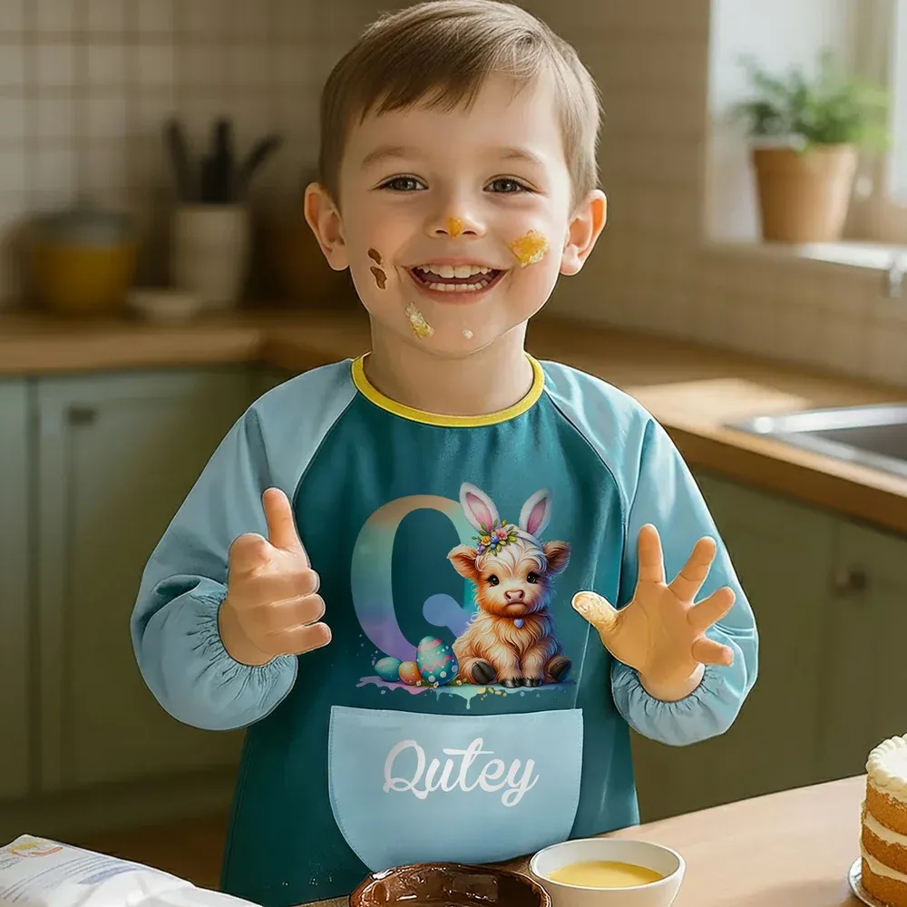 Personalized Bunny Ears Highland Cow Kid Painting Baking Apron with Name and Front Pocket Outdoor Activities Easter Gift for Kids