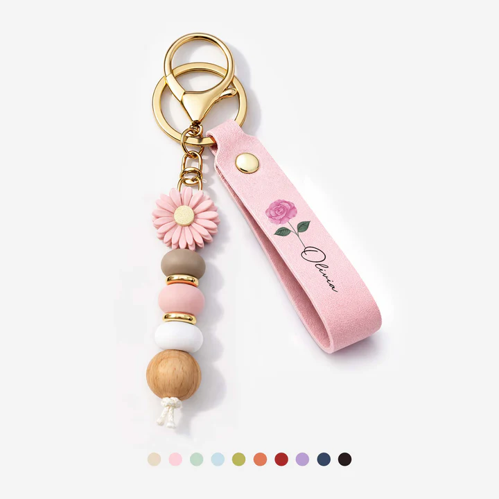 UV Printed Daisy Beaded Keychain with Name - Personalized Gifts for Her