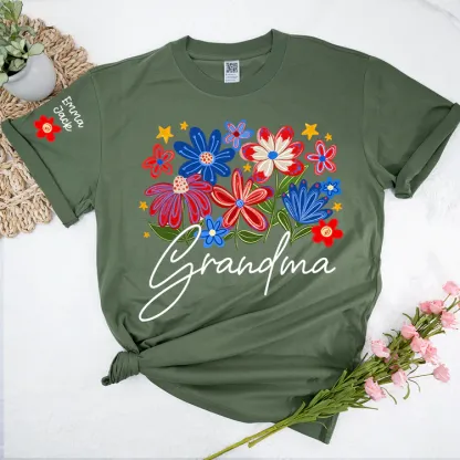 Grandma T-shirt With Heart And Flower Print, Custom Pinted Family Names