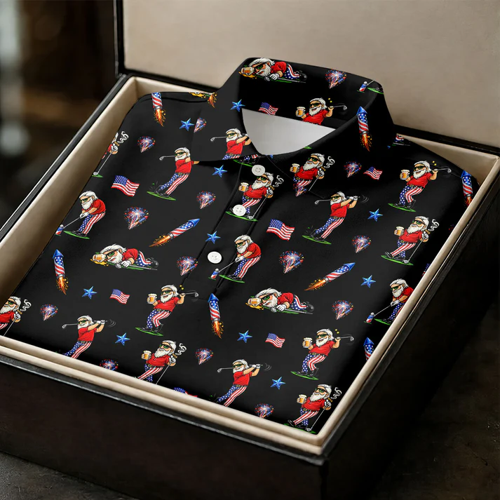 4th Of July Funny Man Golf And Beer Black Golf Shirt, Patriotic Golf Shirt, 250th Anniversary Golf Shirts For Men