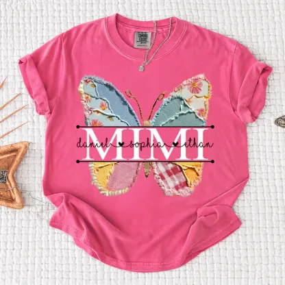 Comfort Colors Custom Mimi T Shirt, Floral Butterfly Design with Grandkids Names, Personalized Family Tee
