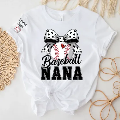 Proud Baseball Nana T Shirt, Personalized Kids Names Sports Shirt with Bow Graphic