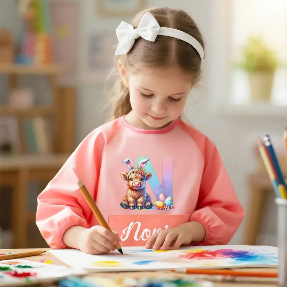 Personalized Bunny Ears Highland Cow Kid Painting Baking Apron with Name and Front Pocket Outdoor Activities Easter Gift for Kids