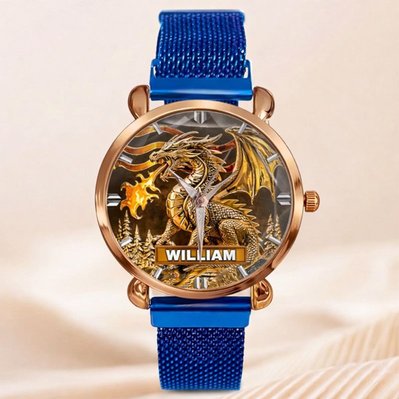 Custom Golden Flame Dragon Watch - Personalized Name - Gift For Dragon Lovers