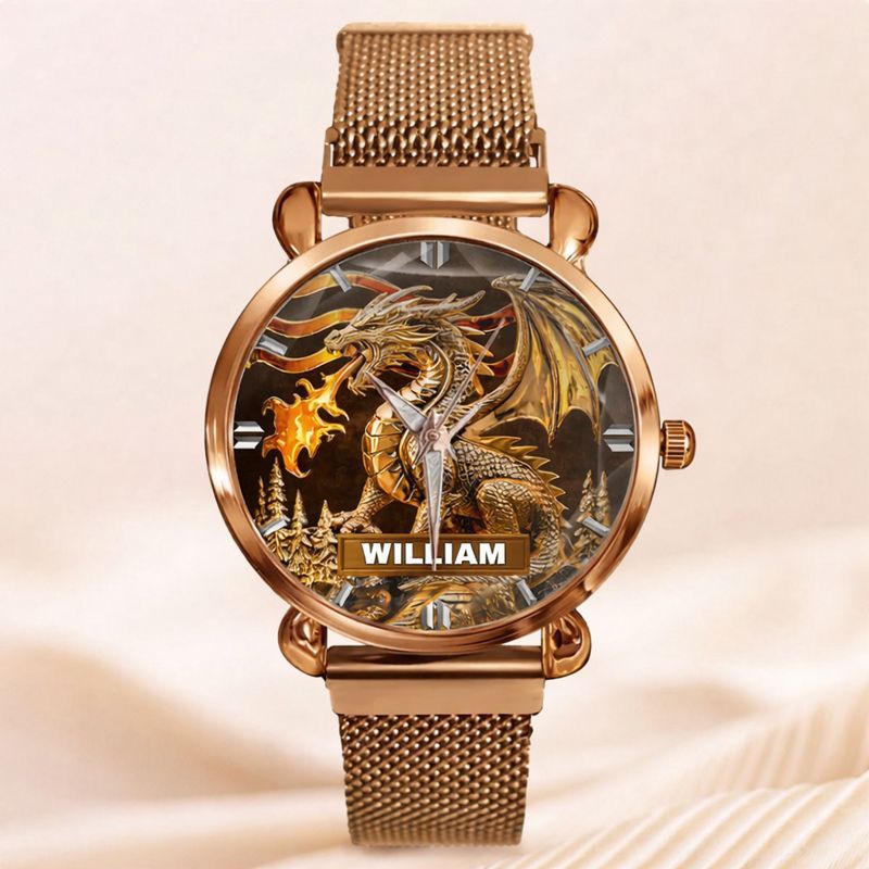 Custom Golden Flame Dragon Watch - Personalized Name - Gift For Dragon Lovers