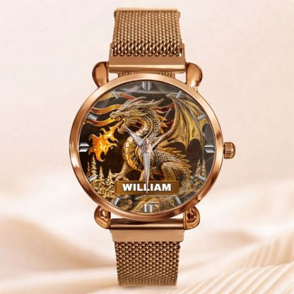 Custom Golden Flame Dragon Watch - Personalized Name - Gift For Dragon Lovers