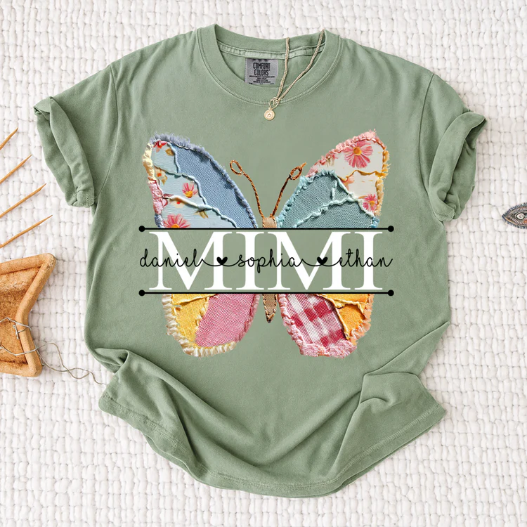 Comfort Colors Custom Mimi T Shirt, Floral Butterfly Design with Grandkids Names, Personalized Family Tee