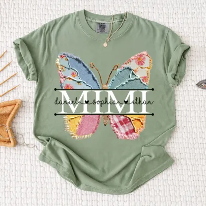 Comfort Colors Custom Mimi T Shirt, Floral Butterfly Design with Grandkids Names, Personalized Family Tee